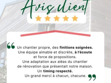 Merci pour ce super avis ! 😍

Des équipes engagées pour leur travail au quotidien👏
Finitions soignées, équipe à l’écoute, adaptable et un timing respecté ⏱️...