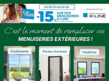 🔥Promotion du printemps K-LINE !

Vous l’attendiez ? Elle est de retour ! 
 
Bénéficiez de -15% de remise sur vos futures fenêtres et portes d’entrée.
 
Prêt...